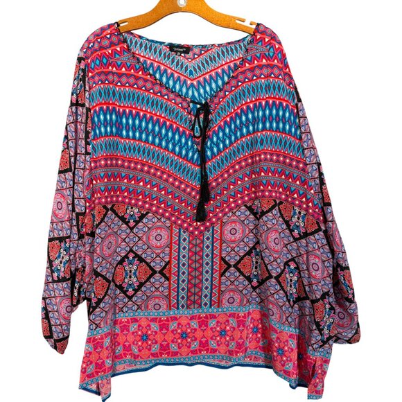 Tolani 100% Silk Geometric Print Blouse Tunic Red Blue Boho 3X - Picture 1 of 8